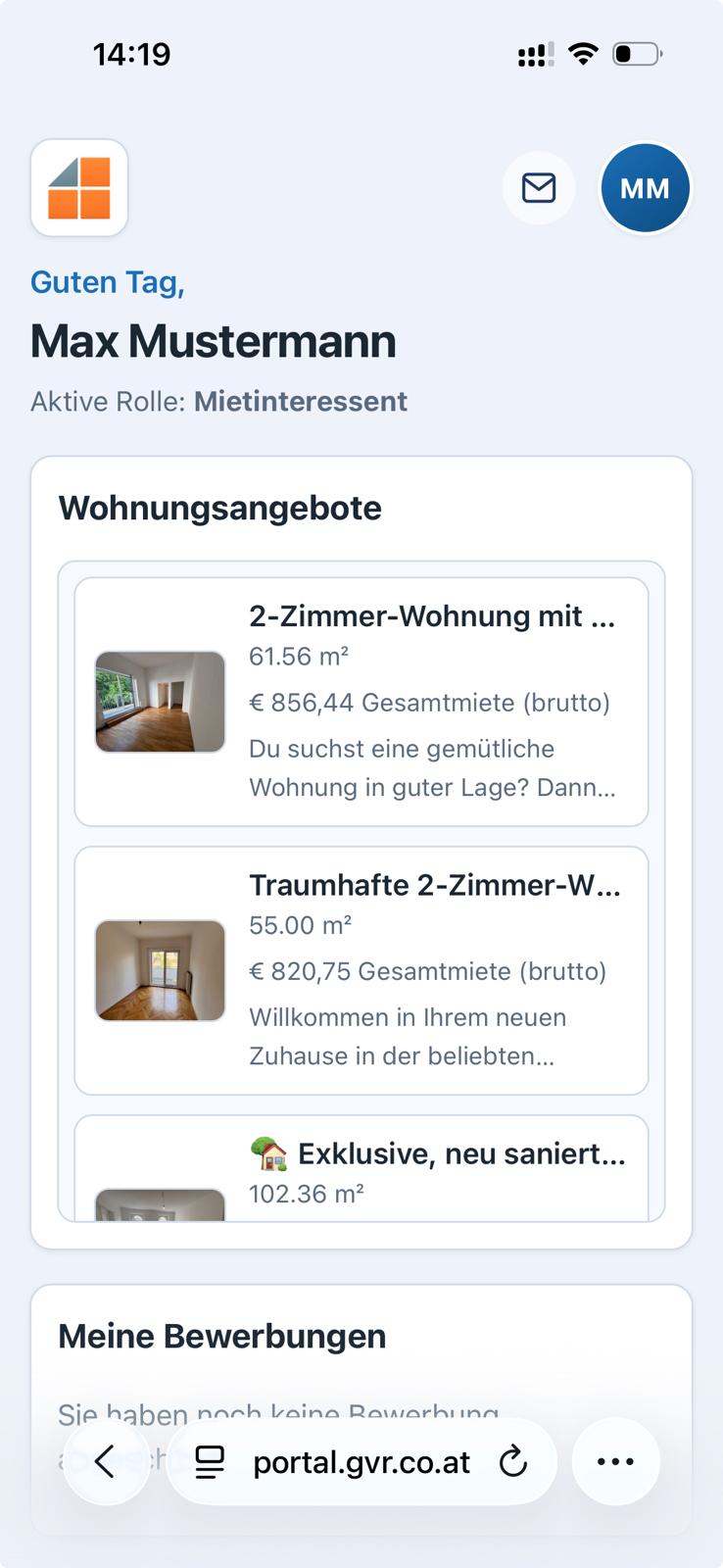 Kundenportal der Gebäudeverwaltung Ruthner mit aktuellen Wohnungsangeboten am Smartphone
